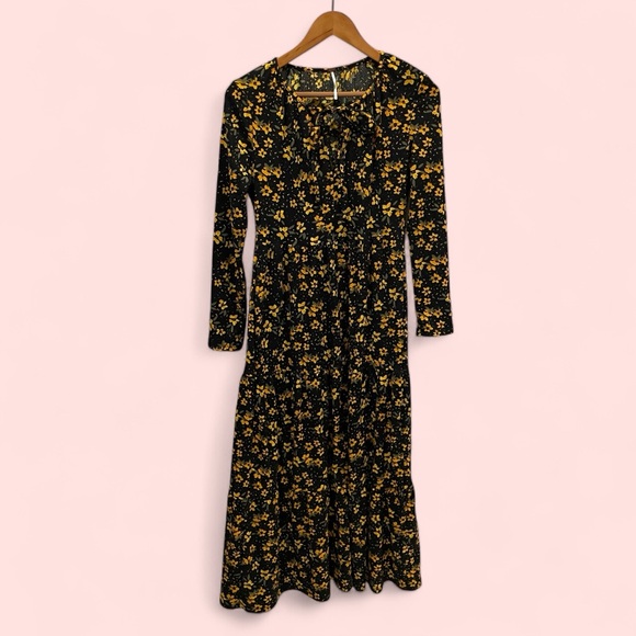 Free people black yellow floral maxi boho ruffle dress adorable - Picture 2 of 7